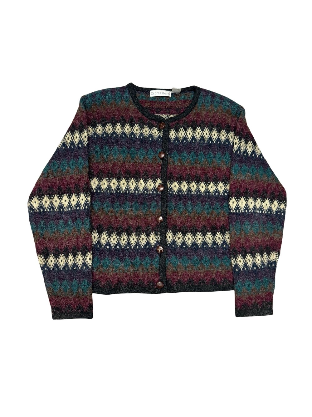 Dressbarn Cardigan Sweater Womens Medium Fair Isle Crew Neck Knit fuzzy